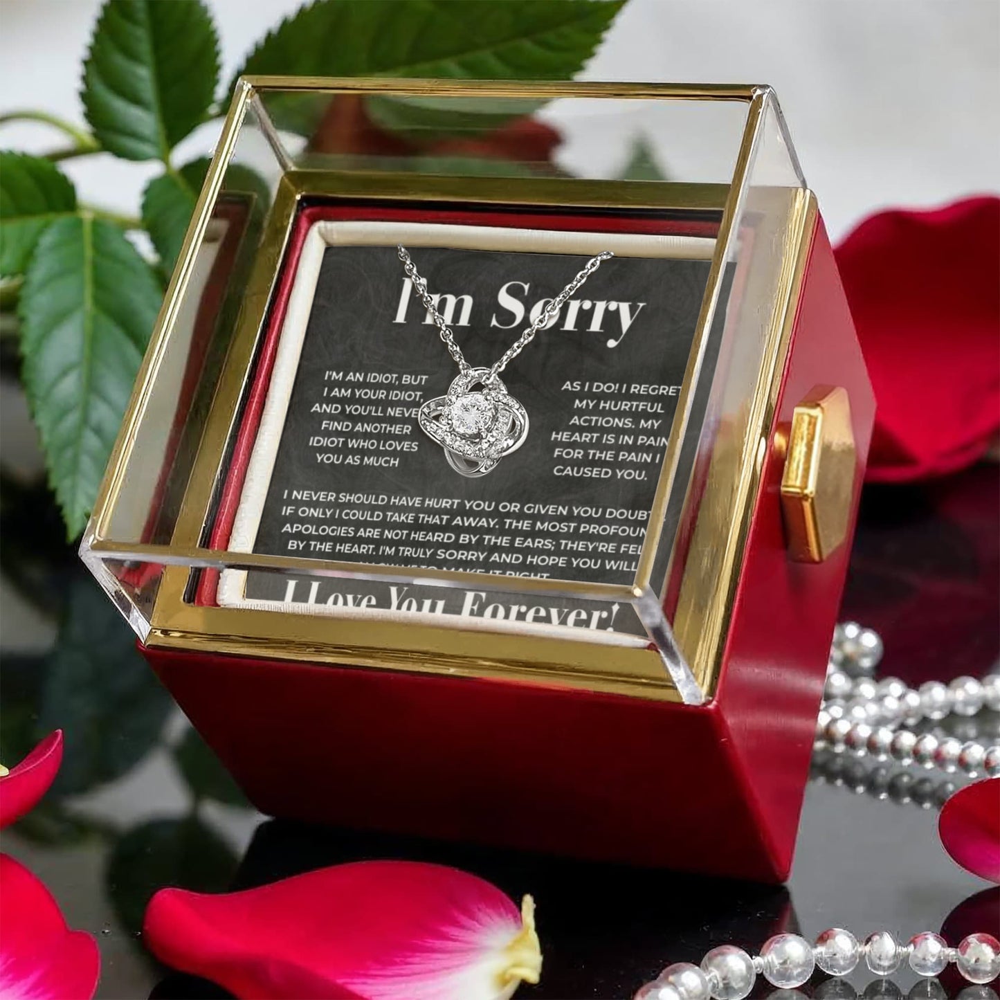 Apology Gift for her - I regret my hurtful actions - Loveknot necklace with Rotating Rose Gift Box