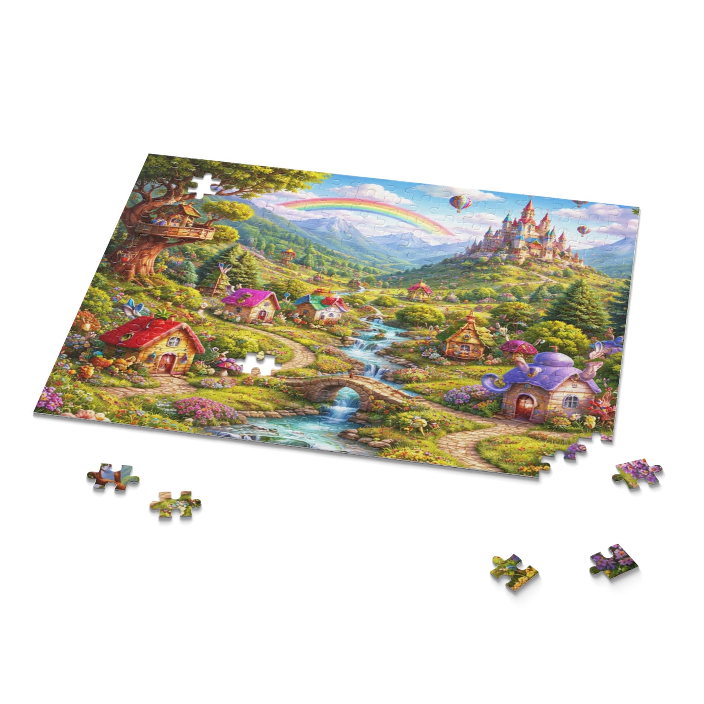Fantasy Village Puzzle — Whimsical Castle & Rainbow Scene (120/252/500 pc)