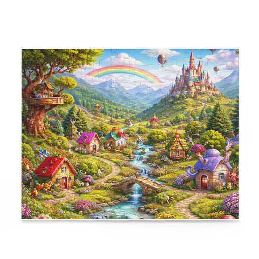 Fantasy Village Puzzle — Whimsical Castle & Rainbow Scene (120/252/500 pc)