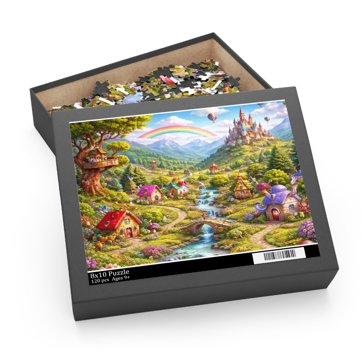 Fantasy Village Puzzle — Whimsical Castle & Rainbow Scene (120/252/500 pc)