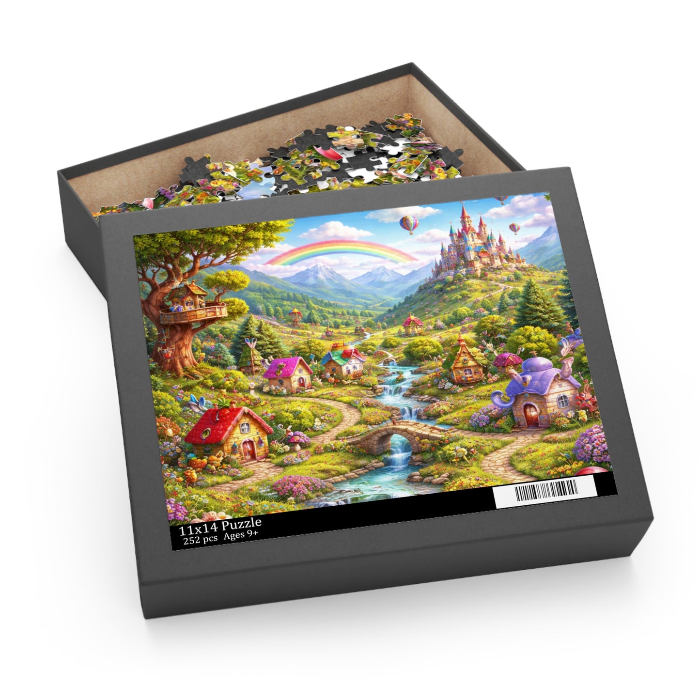 Fantasy Village Puzzle — Whimsical Castle & Rainbow Scene (120/252/500 pc)