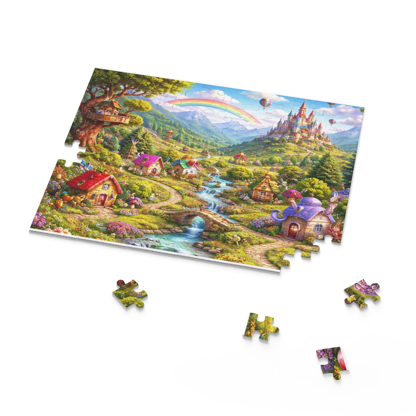 Fantasy Village Puzzle — Whimsical Castle & Rainbow Scene (120/252/500 pc)