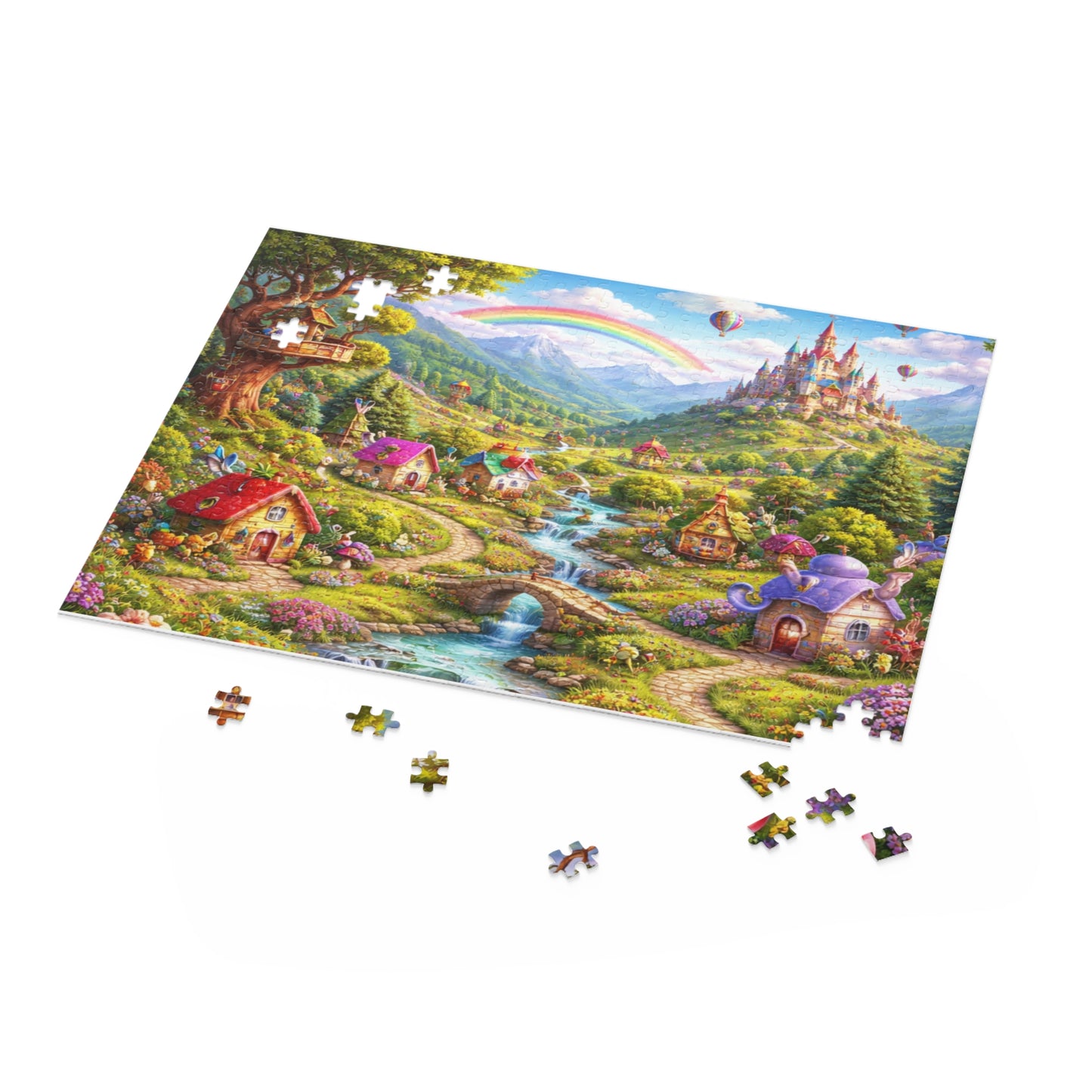 Fantasy Village Puzzle — Whimsical Castle & Rainbow Scene (120/252/500 pc)