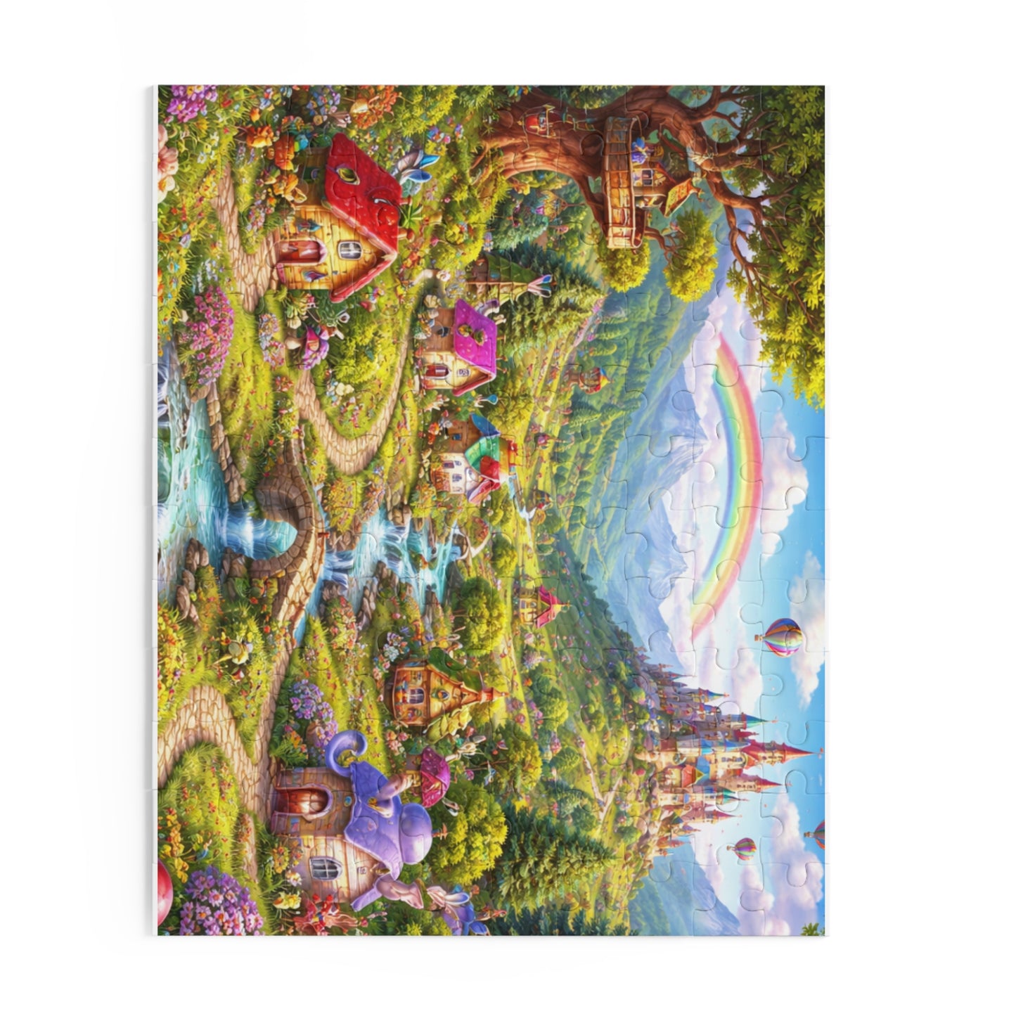Fantasy Village Puzzle — Whimsical Castle & Rainbow Scene (120/252/500 pc)