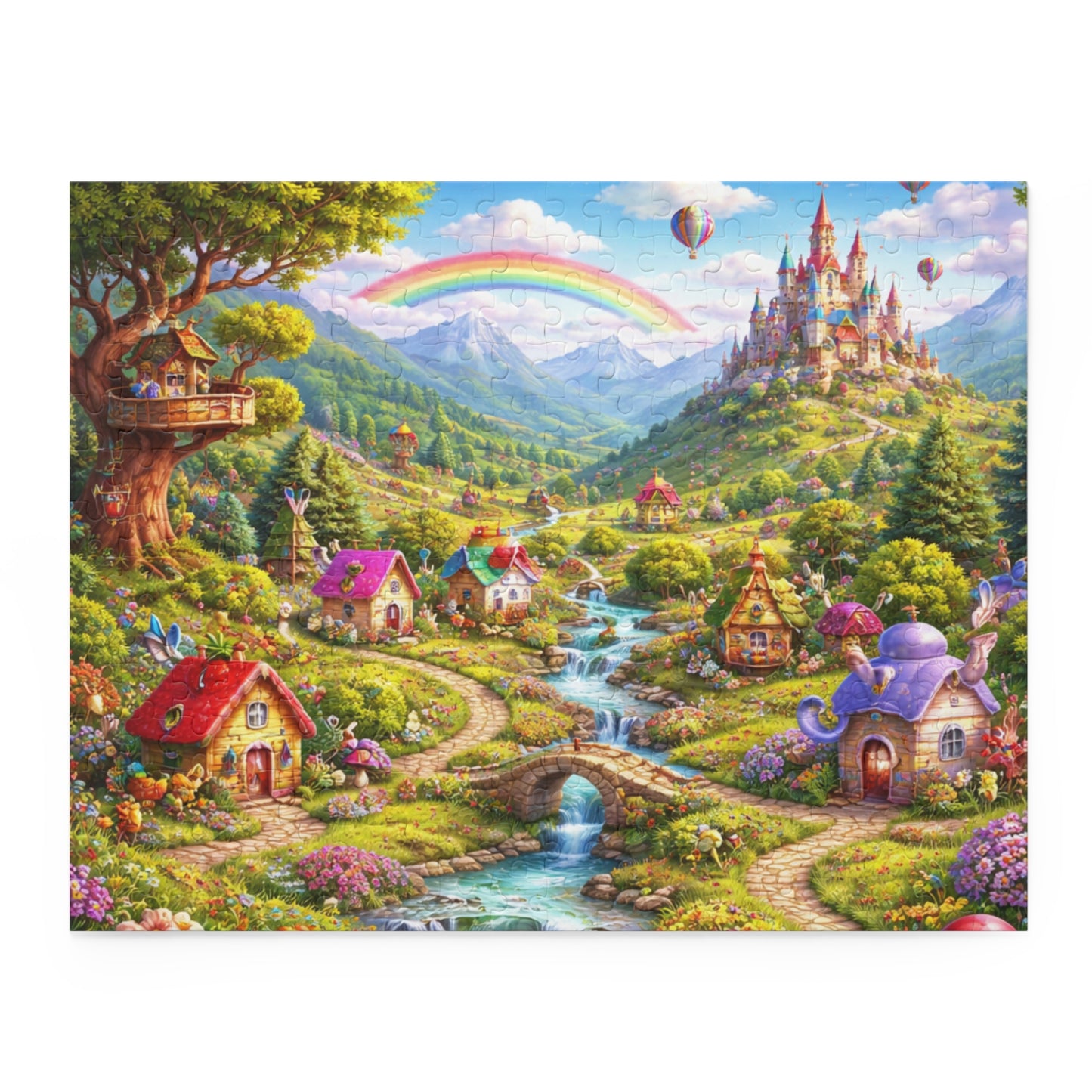 Fantasy Village Puzzle — Whimsical Castle & Rainbow Scene (120/252/500 pc)