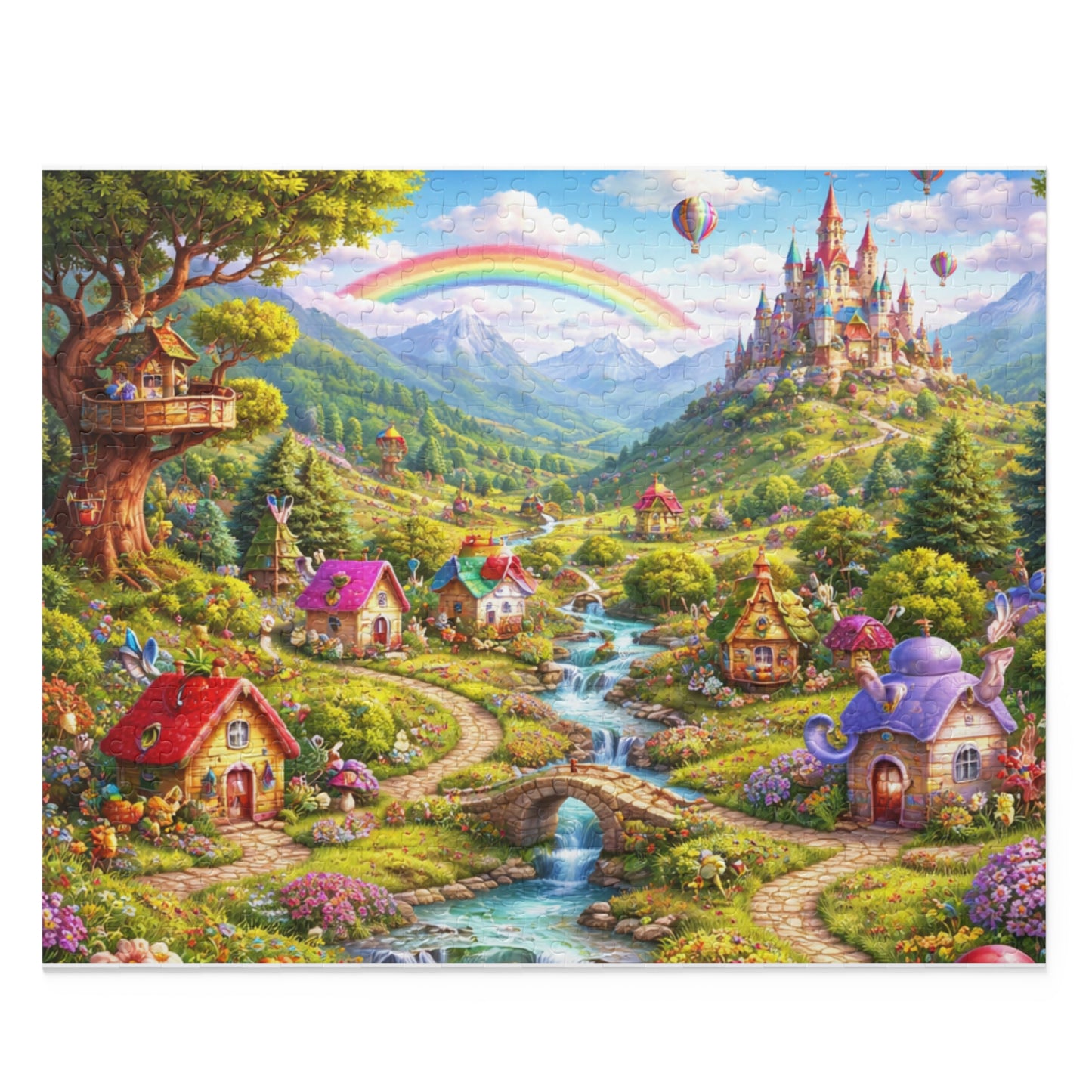 Fantasy Village Puzzle — Whimsical Castle & Rainbow Scene (120/252/500 pc)