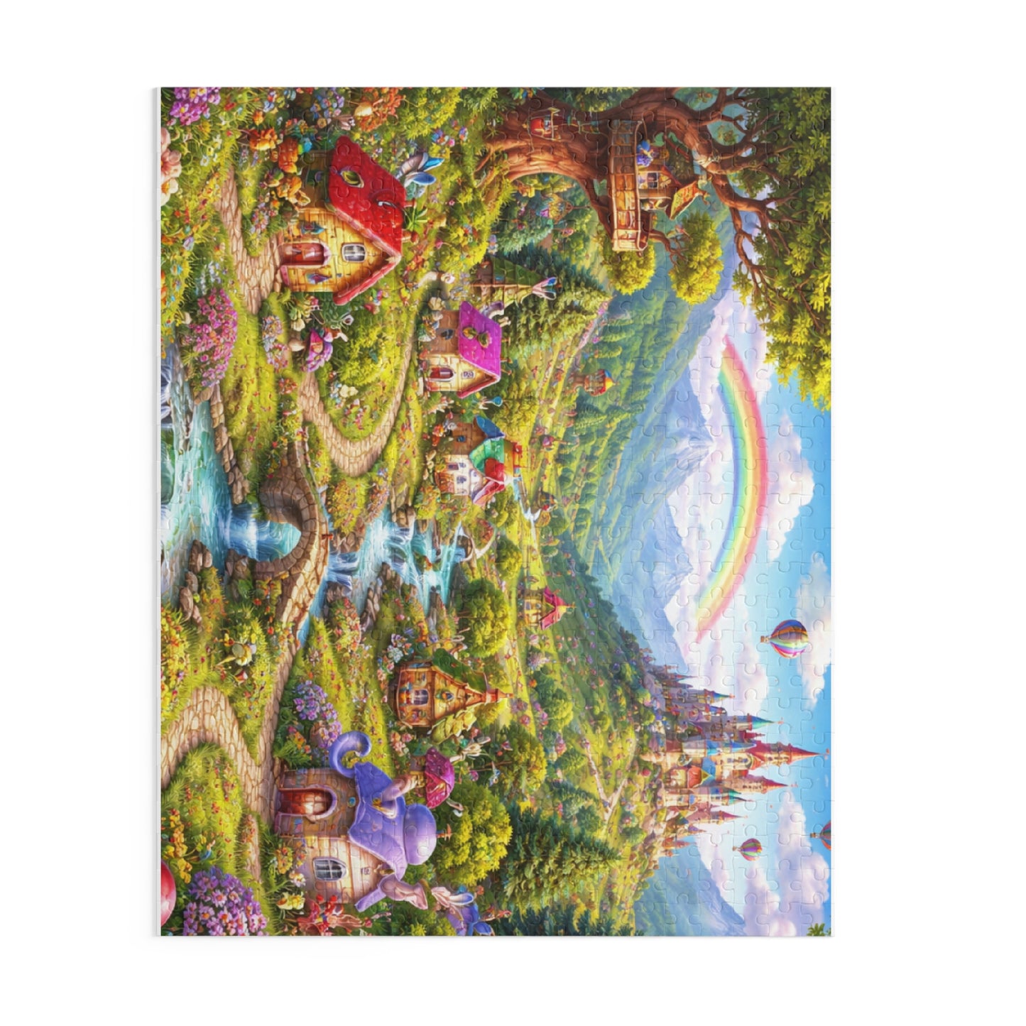 Fantasy Village Puzzle — Whimsical Castle & Rainbow Scene (120/252/500 pc)