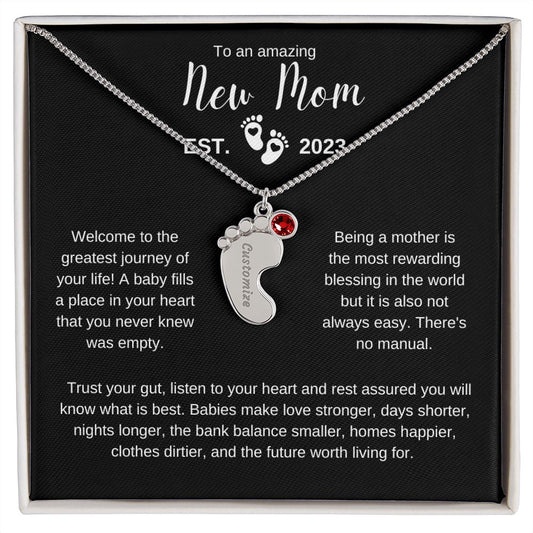 New Mom | Welcome | Engraved Baby Feet Necklace